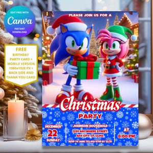 Invitation d'anniversaire de Noël Sonic Speed Ultimate | Thème Sonic le hérisson | Fête de Noël sonique | Conception numérique modifiable personnalisable