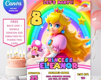 Verjaardagsuitnodiging Princess Peach – bewerkbare Mario Party-sjabloon (digitale download)