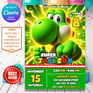 Yoshi Geburtstagseinladung | Super Mario Geburtstagseinladung | Bearbeitbare druckbare Mario Party Vorlage | Videospiel digital einladen