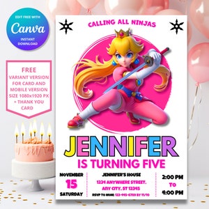 Convite da princesa Pêssego Ninja Aniversário de <br> Entrega Rápida? Princesa Aniversário Convite | Modelo Digital Mário | Convite de aniversário da princesa Super Mario