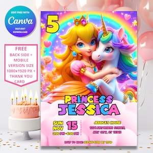 Invito di compleanno unicorno principessa Peach / Invito di compleanno principessa / Modello digitale di Mario / Invito di compleanno principessa di Super Mario