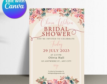 May include: A beige bridal shower invitation with a floral archway design. The text reads "Olivia Wilson Bridal Shower You're invited to celebrate Friday 29 July 2023 at 2:15 PM Olivia Hall 123 Anywhere St., Any City To John by November 14. hello@reallygreatsite.com"