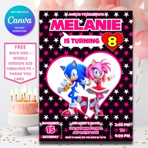 Convite de aniversário da Amy Rose com tema Sonic The Hedgehog | Convite digital para festa infantil | Design editável e personalizável