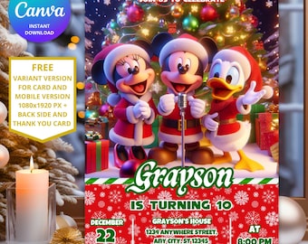 May include: A red and green Christmas-themed invitation with Mickey Mouse, Minnie Mouse, and Donald Duck dressed in Santa suits. The invitation says "Grayson is turning 10" and includes the date, time, and location of the party.