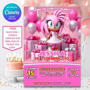 Invitation d'anniversaire Sonic Amy Rose de Zazzle.be Liste d'envies Vous avez des idées ? Thème Sonic le hérisson | Invitation fête d'enfants numérique | Design modifiable personnalisable