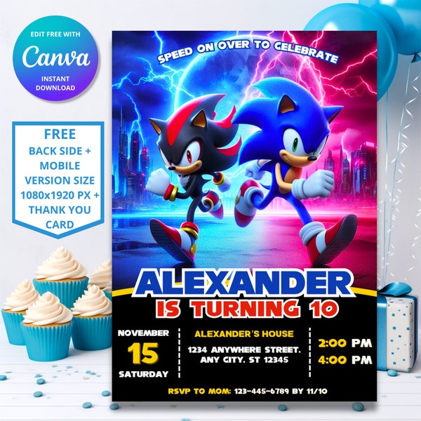 Ultimate Speed Sonic Shadow Birthday Invitation | Sonic The Hedgehog Theme | Digital Kids Party Invite | Customizable Editable Design