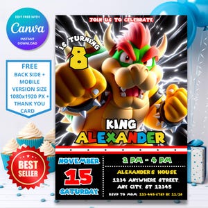 Invito di compleanno di Bowser / Invito di compleanno di Super Mario / Modello di festa di Mario stampabile modificabile / Invito digitale per videogiochi