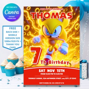 Invitation d'anniversaire Sonic Speed Ultimate | Thème Sonic le hérisson | Invitation fête d'enfants numérique | Design modifiable personnalisable | Super sonique