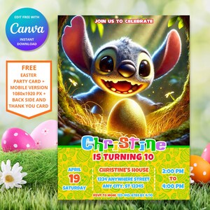 Invitation d'anniversaire de Pâques à point modifiable | Invitation personnalisable de fête de Pâques Lilo and Stitch pour enfants | Téléchargement instantané et impression