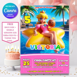 Invitación de cumpleaños para la fiesta en la piscina de la Princesa Peach / Invitación de cumpleaños de la Princesa / Plantilla digital de Mario / Invitación de cumpleaños de la Princesa Super Mario