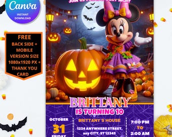 May include: A Halloween-themed invitation featuring Minnie Mouse in a purple dress, standing next to a glowing orange pumpkin. The invitation includes the text "Brittany is turning 10" and event details. The background has a spooky night scene.
