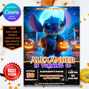 Faire-part d'anniversaire Halloween point modifiable | Faire-part de fête numérique personnalisable Lilo et Stitch pour enfants | Téléchargement instantané et impression
