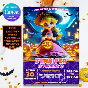 Invito di compleanno di Halloween della principessa Peach / Invito di compleanno della principessa / Modello digitale di Mario / Invito di compleanno della principessa di Super Mario