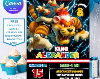 May include: A birthday party invitation with a cartoon character with orange and yellow fur, a spiky shell, and a fierce expression. The invitation includes the text "King Alexander is turning 8" and party details.