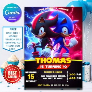 Invitation d'anniversaire Sonic Shadow de couleur ultime | Thème Sonic le hérisson | Invitation fête d'enfants numérique | Design modifiable personnalisable