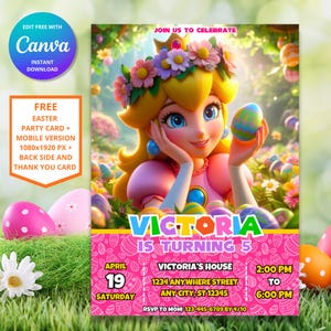 Invito di compleanno di Pasqua della principessa Peach / Invito di compleanno della principessa / Modello digitale di Mario / Festa di Pasqua della principessa di Super Mario
