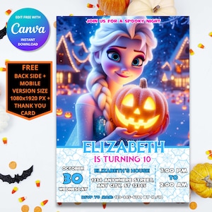 Faire-part d'anniversaire Halloween sur le thème de la Reine des neiges | Faire-part numérique pour Elsa et Anna | Téléchargement instantané, personnalisable, imprimable