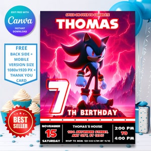 Invitation d'anniversaire Sonic Shadow de couleur ultime | Thème Sonic le hérisson | Invitation fête d'enfants numérique | Design modifiable personnalisable |