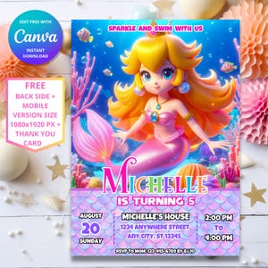 Invitation d'anniversaire de sirène princesse Peach | Invitation anniversaire princesse | Modèle numérique Mario | Faire-part d'anniversaire princesse Super Mario