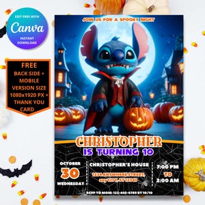 Faire-part d'anniversaire Halloween point modifiable | Faire-part de fête numérique personnalisable Lilo et Stitch pour enfants | Téléchargement instantané et impression