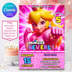 Invito di compleanno della principessa Peach / Invito di compleanno della principessa / Modello digitale di Mario / Invito di compleanno della principessa di Super Mario