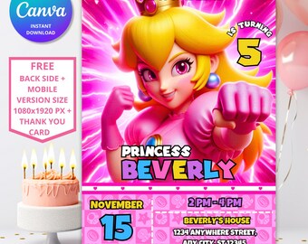 Princess Peach verjaardagsuitnodiging | Bewerkbare Mario-sjabloon (digitale download)