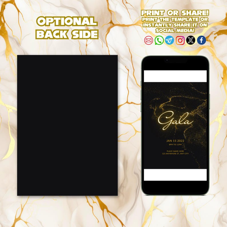 May include: A black and gold digital invitation for a gala event. The invitation features a black background with gold glitter and the word "Gala" in gold script. The date and time of the event are listed as "Jan 15 2022, 6PM to 11PM". The location is listed as "PLACE NAME HERE, 123 ANYWHERE ST, ANY CITY".