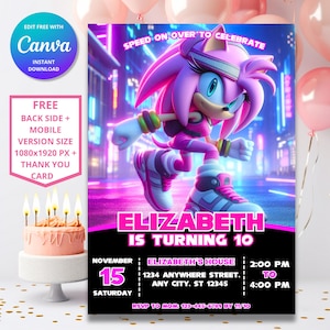 Invitation d'anniversaire Sonic Amy Rose de Zazzle.be Liste d'envies Vous avez des idées ? Thème Sonic le hérisson | Invitation fête d'enfants numérique | Design modifiable personnalisable
