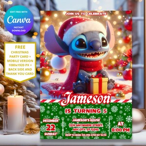 Faire-part d'anniversaire de Noël au point modifiable | Faire-part de Noël personnalisable Lilo and Stitch pour enfants | Téléchargement instantané et impression