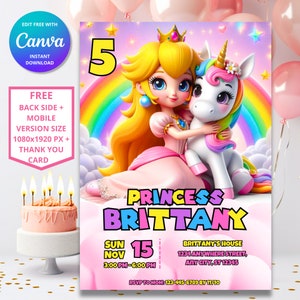 Einhorn Geburtstagseinladung Prinzessin Peach | Prinzessin Geburtstag einladen | Mario Digitale Vorlage | Super Mario Prinzessinnen Geburtstagseinladung