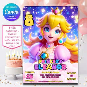 Invito di compleanno della principessa Peach / Invito di compleanno della principessa / Modello digitale di Mario / Invito di compleanno della principessa di Super Mario