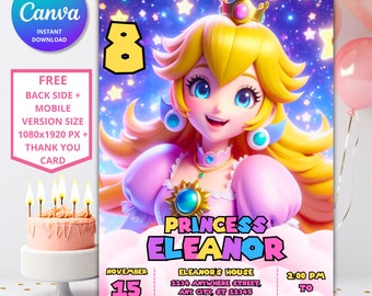 Princess Peach verjaardagsuitnodiging | Bewerkbare Mario-feestuitnodiging (digitaal)