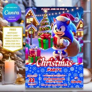 Invitation d'anniversaire de Noël Sonic Speed Ultimate | Thème Sonic le hérisson | Fête de Noël sonique | Conception numérique modifiable personnalisable