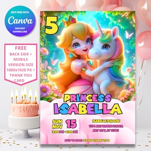 Invito di compleanno unicorno principessa Peach / Invito di compleanno principessa / Modello digitale di Mario / Invito di compleanno principessa di Super Mario