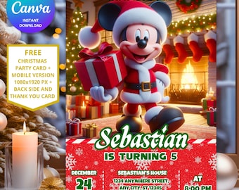 May include: A Christmas-themed invitation featuring Mickey Mouse in a Santa suit holding a gift. The invitation is red and white with text that reads "Sebastian is turning 5" and includes party details.