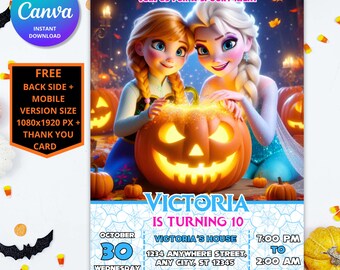 Editable Frozen Halloween Birthday Invitation | Elsa, Anna (Digital)
