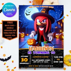 d'anniversaire Halloween de Sonic Knuckles | Thème Sonic le hérisson | Invitation fête d'enfants numérique | Design modifiable personnalisable