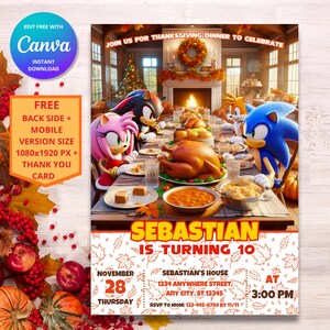 Invitation d'anniversaire de Thanksgiving Sonic Speed Ultimate | Thème Sonic le hérisson | Invitation fête d'enfants numérique | Design modifiable personnalisable