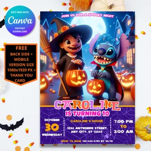 Faire-part d'anniversaire Halloween Lilo et Stitch modifiable | Faire-part personnalisable numérique Lilo et Stitch | Téléchargement instantané et impression