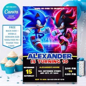 Invitation d'anniversaire Sonic Shadow de couleur ultime | Thème Sonic le hérisson | Invitation fête d'enfants numérique | Design modifiable personnalisable