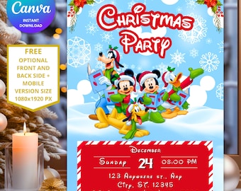May include: A Christmas party invitation featuring Mickey Mouse, Minnie Mouse, Donald Duck, and Goofy singing carols. The invitation is red and white with a blue background and snowflakes. The text reads "You are invited to Christmas Party" and includes the date, time, and location of the party.