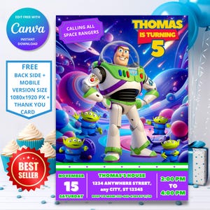 May include: A purple and green birthday invitation featuring Buzz Lightyear from Toy Story. The invitation says "Calling all Space Rangers" and "Thomas is turning 5". The invitation also includes the date, time, and location of the party.