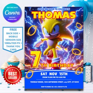 Invitation d'anniversaire Sonic Speed Ultimate | Thème Sonic le hérisson | Invitation fête d'enfants numérique | Design modifiable personnalisable | Super sonique