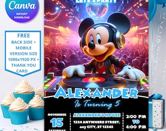 Convite de aniversário editável para festa disco do Mickey Mouse | Convite para festa infantil (Download digital)