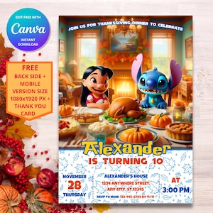 Faire-part d'anniversaire pour Thanksgiving | Faire-part de fête numérique personnalisable Lilo et Stitch pour enfants | Téléchargement instantané et impression