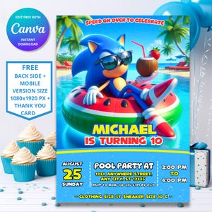 Geburtstags-Einladung zum ultimativen Sonic Pool Party | Sonic The Hedgehog Thema | Sonic Poolparty | Anpassbares bearbeitbares digitales Design