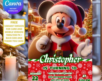 May include: A red and green Christmas-themed invitation with a cartoon image of Mickey Mouse dressed as Santa Claus. The invitation says "Join us to celebrate Christopher is turning 10" with details for the event, including the date, time, and location.