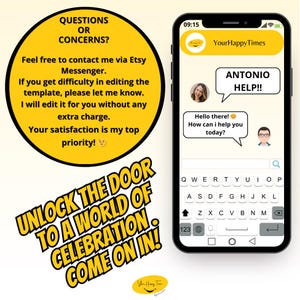 May include: A yellow and black graphic with the text "Unlock the door to a world of celebration. Come on in!" and a yellow circle with the text "Your Happy Times". The graphic also features a screenshot of a mobile phone with a chat app open. The chat app has a yellow circle with a smiley face and the text "Your Happy Times". The chat app has a message bubble with the text "Antonio Help!!" and another message bubble with the text "Hello there! How can I help you today?" The chat app also has a keyboard with the letters QWERTYUIOPASDFGHJKLZXCVBNM.