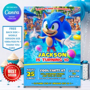 Convite de aniversário para festa na piscina do Sonic Ultimate Speed | Tema Sonic The Hedgehog | Festa na piscina do Sonic | Design digital editável e personalizável