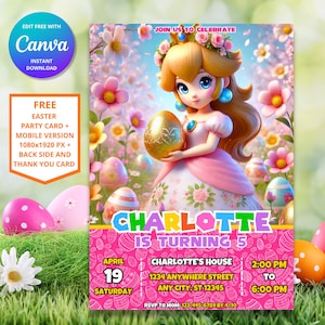 Prinzessin Peach Oster-Geburtstagseinladung | Prinzessin Geburtstag einladen | Mario Digitale Vorlage | Super Mario Prinzessinnen Osterparty